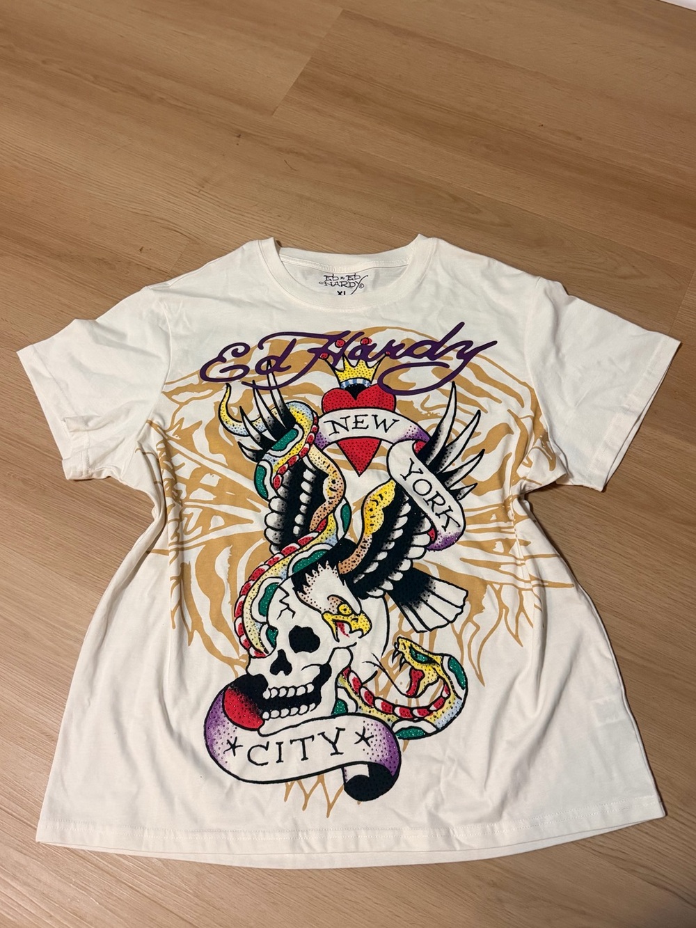 Ed Hardy Graphic Tee in White & Gold Size XL